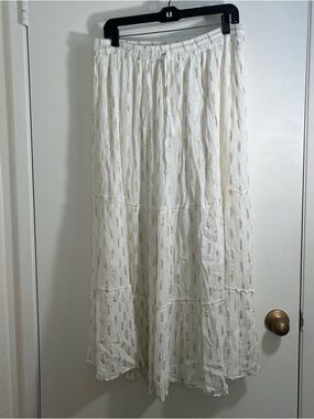 NWT White Maxi Skirt with Gold & Silver Foil Detail Tiered Large Boho Gypsy